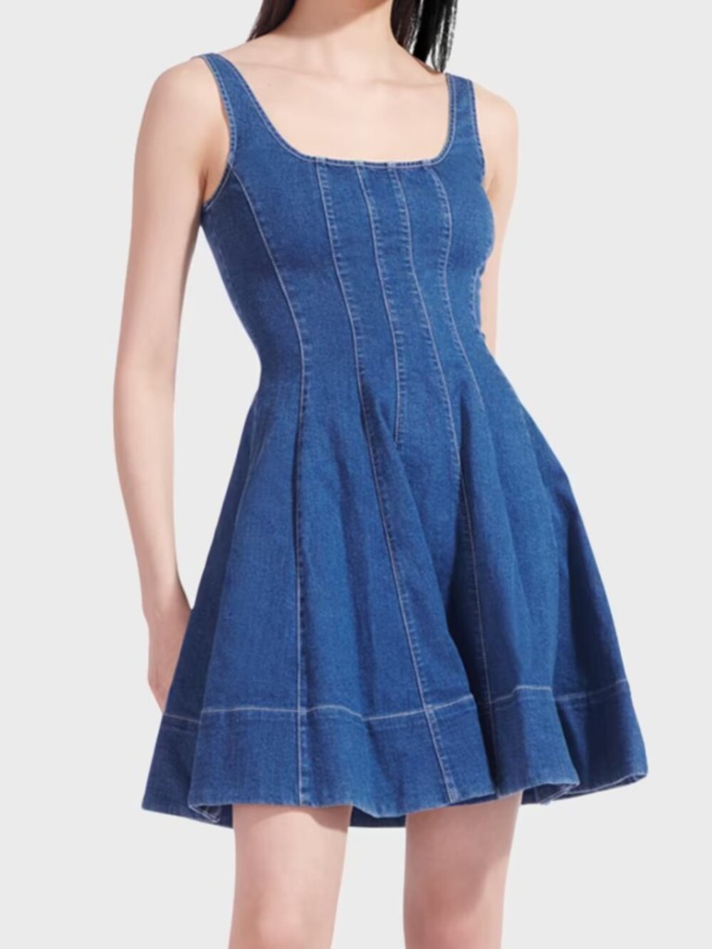 NWT Staud Mini Wells Dress Denim Medium Wash Blue Fit and Flare Sleeveless 10